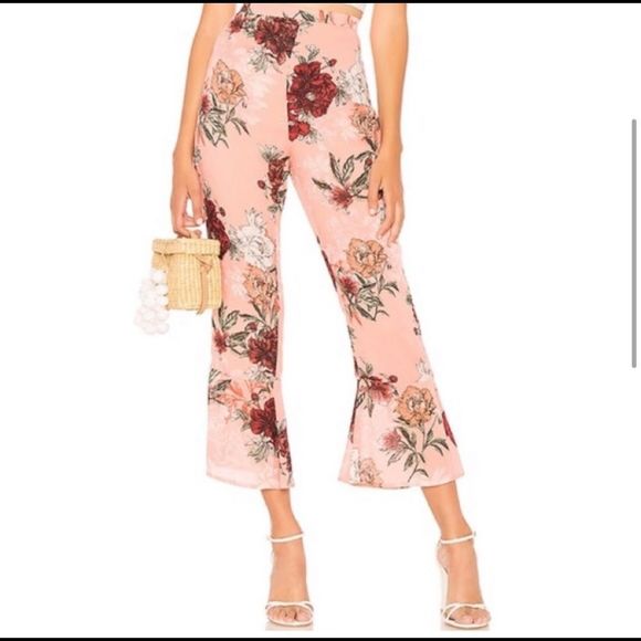 NWT BB Dakota Isabelle Revolve Sugar Coral Floral Cropped Ruffle Flared Pants - Picture 16 of 16